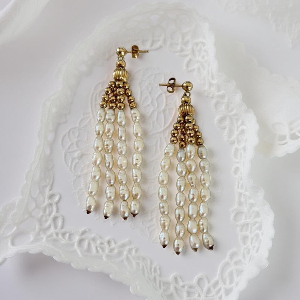 Vintage Genuine Pearl & Solid 14K Gold Dangle Earrings – 2.5” | 6.64g | Signed